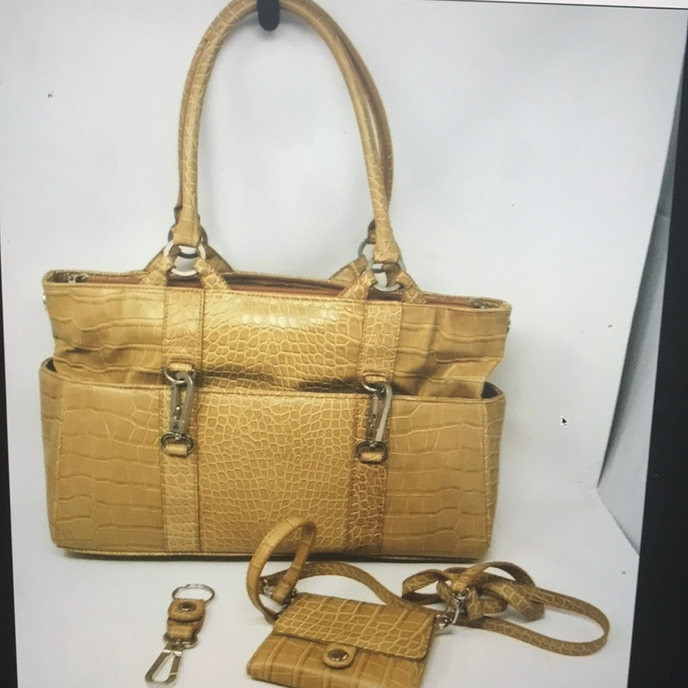 Joy Mangano Convertible Faux Croc Tote Honey Beige